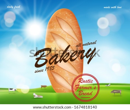 Realistic Bakery ads banner, delicious french baguette bread on countryside with cows. Bakery shop promo banner. Vector illustration