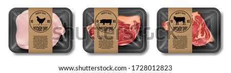 Relistic meat packaging of beef, pork and chicken. Set of supermarket meat package isolated on white. Beef and pork steak. vector illustration