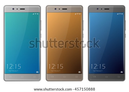 New realistic set of smartphone mockup with blank screen isolated. Gold, silver and gray smartphone. Vector . Dual camera phone with locked screen. 