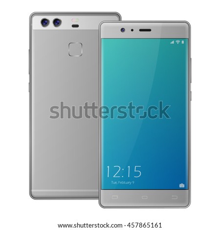 High detaled white or silver Smartphone with blank locked screen. Vector illustration. Dual camera smart phone.  Mobile phone front and back side isolated.