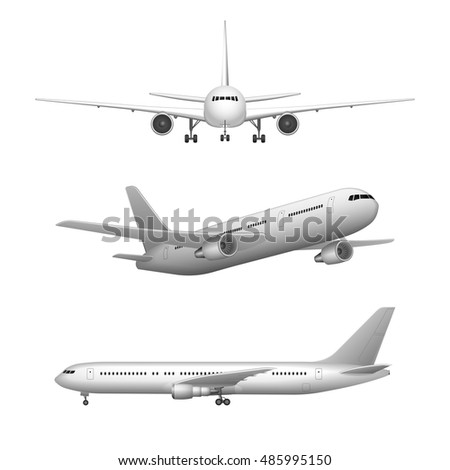 White airplane High detailed icon set. airplane in profile, from the front and 3d perspective view. isolated vector illustration of plane. Airline Concept set.