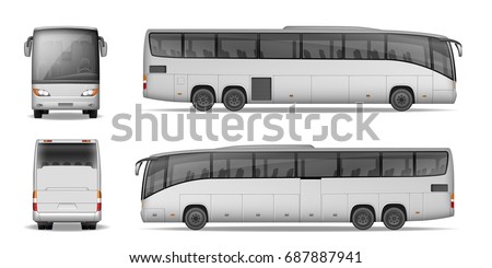 Coach bus isolated on white background. Travel Passenger Bus for advertising and your design. Realistic coach mockup Side, Front and Back view. Vector illustration