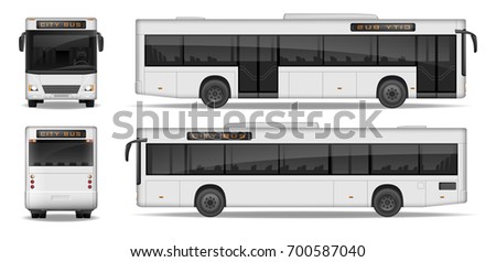 Realistic City Bus template isolated on white background. Passenger City Transport for advertising design. Passenger Bus mockup side, front and rear view. Vector illustration.