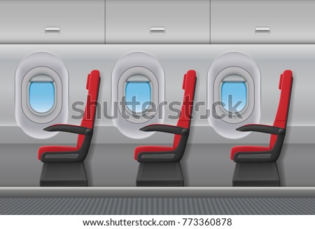 Passenger airplane red vector interior. Aircraft indoor cabin with portholes and chairs seats. Vector illustration.