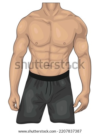 Muscle man with abs, male body with muscle, gain weight, vector illustration