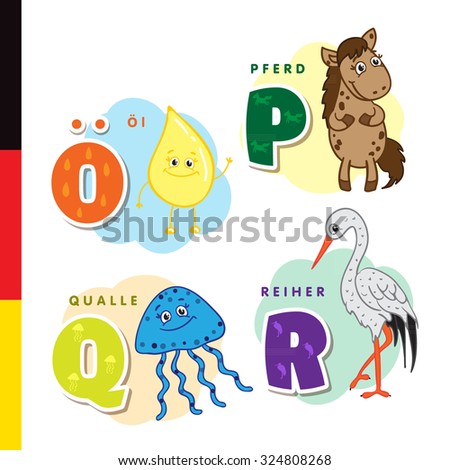 Deutsch alphabet. Olive oil, horse, jellyfish, heron. Vector letters and characters.