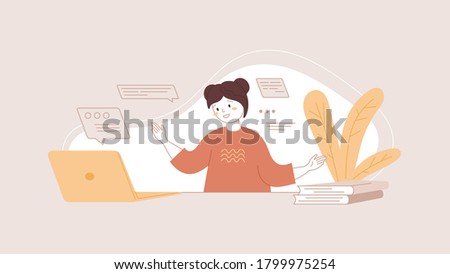 Online education concept vector illustration. Happy girl tells homework. Remote communication using laptop. Female looking at computer screen. Video calling, chat with skype tutor, distance learning.
