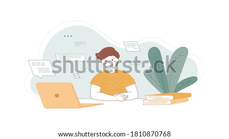 Online learning concept. Happy school student watching webinar. Distance education using laptop. Remote communication. Video calling, chat with skype, zoom tutor. Home work place. Vector illustration.