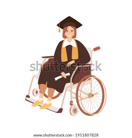 Young disabled woman, student graduated from school, university, college, wearing academic mantle, scarf, mortar board and holding certificate. Female character sitting in wheelchair. Equality concept