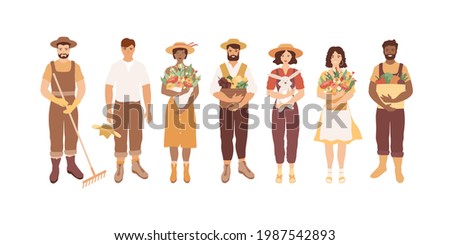Farmers and gardeners set. People of different nationalities and skin colors, Happy black man, Caucasian women, young male and female standing with crops, flowers, fruits, vegetables in crates.