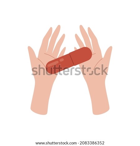 Hands holding molnupiravir capsule. Vector illustration, covid cure concept. Woman arms with medicine.