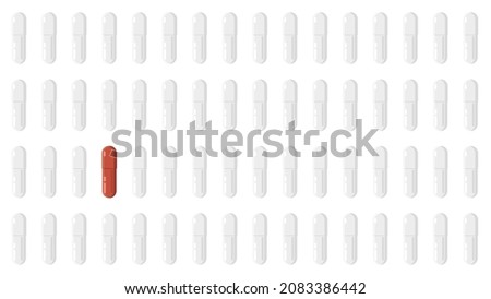 Molnupiravir capsules, white pills and one highlighted. Illustration with medicines. Vector banner, minimal background. Cure of covid concept.