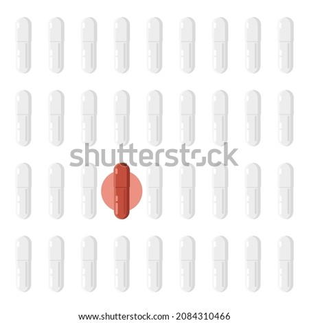 Molnupiravir capsules pattern, white pills and one highlighted. Vector illustration with medicines. Minimal background. Cure of covid concept, banner.