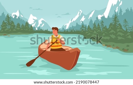 Man rafting in canoe on lake, snowy mountains and coniferous forest on background. Cartoon male sitting in boat, holding paddle and enjoying summer adventure. Vector illustration. Beautiful scenery