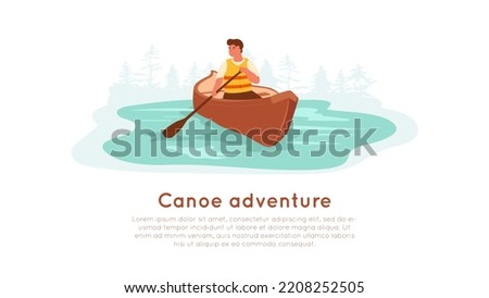 Canoe adventure banner template. Man in life jacket rafting in canoe on lake with forest silhouette. Isolated cartoon male sitting in boat, holding paddler. Vector illustration on white background.