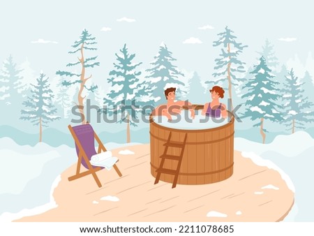 Couple in hot tub in winter forest. Man and woman relax in wooden heated bath. Barrel on terrace, lounge chair with towel, luxury resort, spa on nature concept. Leisure weekend. Vector illustration.