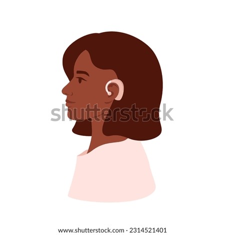 Deaf woman profile portrait. Young black female with hearing aid. Person has health problems and using medical gadget in ear. Vector isolated illustration with character. 