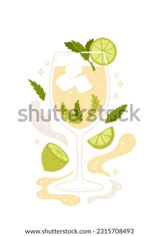 Hugo spritz cocktail with lime slice, mint leaves and sparkling soda water. Low-alcohol drink with ice cubes. Summer fresh beverage. Vector illustration with trendy italian aperetif, liquid shapes.