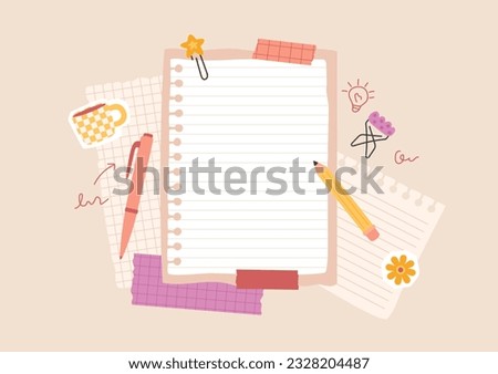 School collage flat lay with copybook page, pen, pencil, paper clips, cup of coffee and flower stickers. Adhesive tapes fix blank note. Cut out vector elements. Composite image for education, business