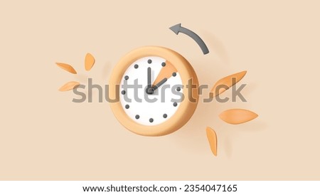 Daylight saving time 3d vector illustration with clock, autumn leaves, and arrow. Reminder banner. Classic object. Watch turning to an hour back. Calendar date.