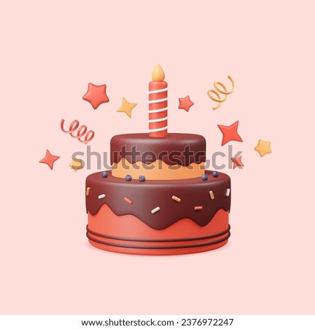 3d cake render with candle, popper serpentine, stars. Birthday chocolate dessert. Celebration pie with sprinkles and icing in plastic style. Vector illustration in red color on pink background.