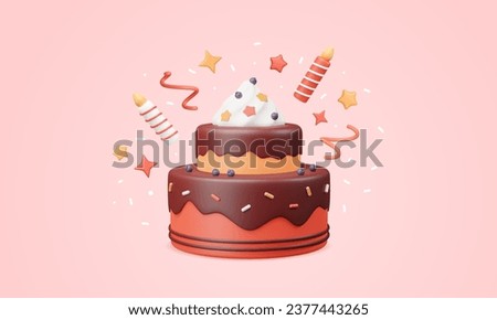 Birthday 3D cake render, flying candles, squiggles, confetti and stars splash. Vector greeting illustration in plastic style. Creamy sweet food with chocolate icing, blueberries and sprinkles.