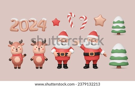 3d Christmas elements set. Cute Santa Claus, deer in various pose, man waving hand, green snow cover tree, stars, candy cane and 2024 number render. Vector illustration, cartoon New Year collection