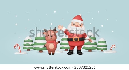 3D Christmas characters. Cute Santa Claus waving his hand, reindeer render, trees with snow, candy cane in snowdrift. New Year winter banner. Vector three dimensional illustration in plastic style.