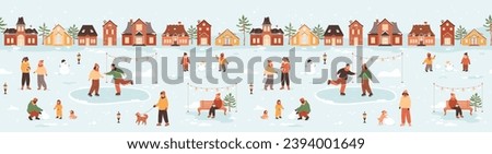 Winter city life illustration. People walking on street, skating on ice rink, man walking with dog, children makes snowman, women talking and drinking coffee. Vector urban background, seamless border