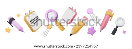 3D office supplies in border arrangement. Magnifier, document render, pen and pencil in plastic style, paper clips and volumetric stars. Vector illustration with stationery elements. School tools.