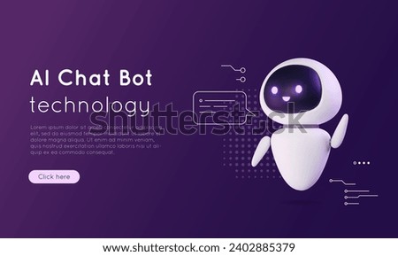 3D artificial intelligence chat bot. Banner concept with neural network robot, AI servers technology. Online communication, support assistance, cartoon digital agent. Vector illustration.