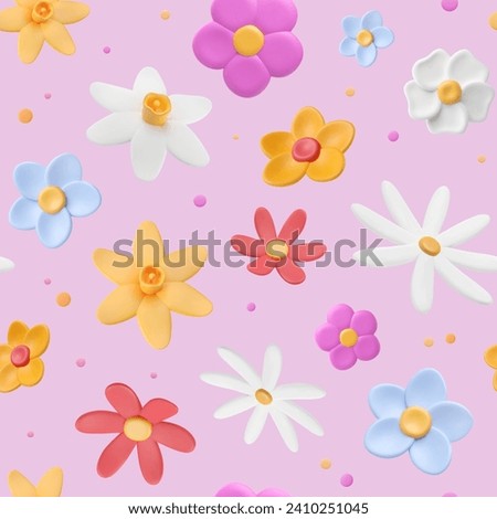 Background with plasticine 3d flowers. Multicolored puffy buds and dots, childish seamless pattern with clay three dimensional summer elements. Vector illustration in plastic style. Spring wallpaper.