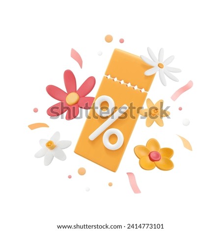 Spring sale voucher with percent sign and 3D plasticine flowers, confetti, tinsel. Discount coupon, clay narcissus and chamomile, isolated yellow lucky tear-off ticket. Vector promo illustration