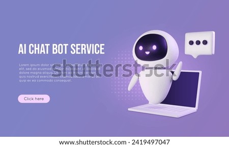 3D artificial intelligence chat bot with laptop, talk bubble. Neural network robot, digital brain banner concept, AI servers technology. Online communication, support assistance. Vector illustration.