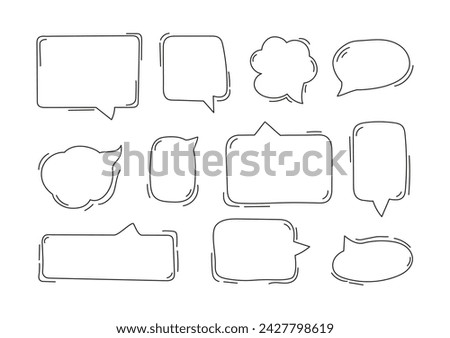 Set of doodle speech bubbles with lines. Conversation balloon, empty sketch template of dialog. Editable strokes. Vector childish illustration.