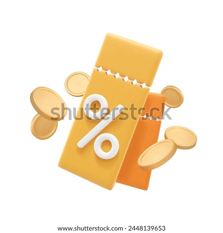 3d voucher. Tear-off coupon with coins. Sale lucky label with floating money. Discount offer in plastic style, ticket with percent sign. Isolated vector illustration. 