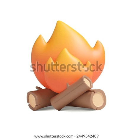 3d campfire in plastic style. Isolated vector fire with wooden logs. Cartoon element, flame illustration.