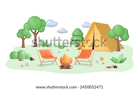 Summer camping illustration with 3d campfire, folding chairs, tent, trees and leaves. Stones and flowers on abstract meadow. Weekend on nature. Vector cartoon art. Outdoor journey concept.