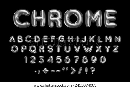 3d chrome english alphabet. Bubble letters, numbers and symbols with silver metallic effect. Inflated abc, plump pop characters. Vector illustration rendering. Balloon latin text.