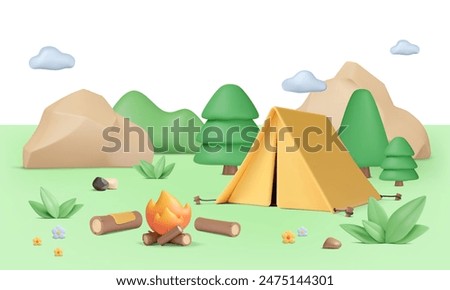 3d summer campsite illustration. Tent in pine forest with rocks on the background. Logs near bonfire. Vector landscape render. Outdoor journey, tourism, travel concept. Holiday on nature.