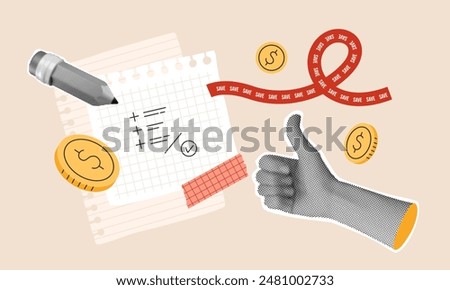 Save money concept with collage elements. Simple coins, halftone hand with thumb up gesture. Pencil counting of funds on note. Budget saving vector illustration. Well done finance job.