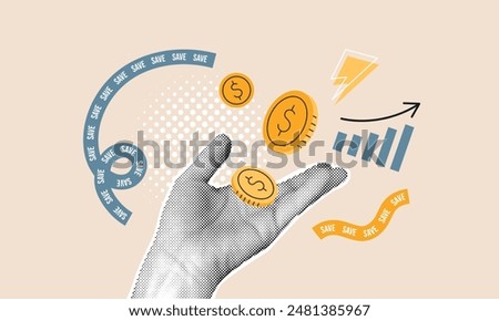 Halftone hand catches illustrated coins. Saving money, financial success collage concept. Words save on bunting tape, grow up graphic. Business image montage design. Vector art.