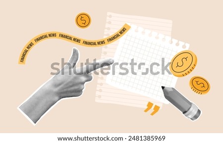 Finance news collage template with halftone hand pointing to an empty paper from notebook. Checkered message note with copy space, money, pencil, quotation marks, dollar coins. Vector illustration.