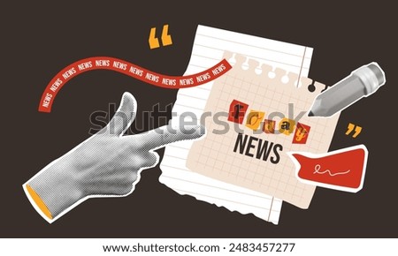 Today news collage template with halftone hand pointing to ragged note. Announcement concept. Checkered paper, pencil, quotation marks, speech bubble with squiggle. Vector doodle illustration.