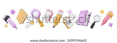 Border of 3d school supplies. Office tools pattern. Books, pencil and pen, magnifier, paper clips and copybook, graphic stars render. Vector isolated cartoon illustration. Plastic elements.