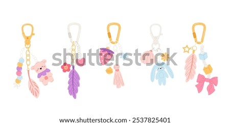 Carabiners with cute charm and trinkets. Bag keychain with pendants. Vector isolated illustration. Childish bibelots. Custom youth accessory. Holder with toys and items.