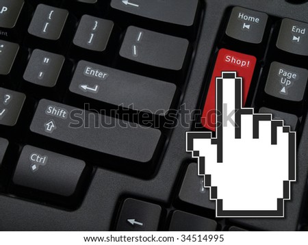 Computer keyboard with a red button to shop on line and a cursor clicking on it