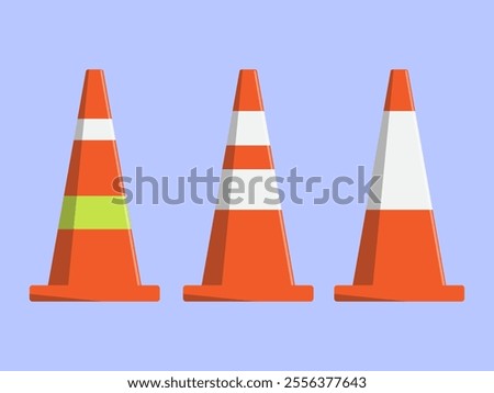 A clean vector illustration of three vibrant orange traffic cones with reflective stripes, perfect for signage, safety, and roadwork designs.