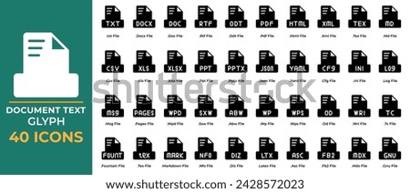 Set of document file text icons Glyph Style. pdf, csv, ppt, doc. extension file symbol icons. Vector Collection.