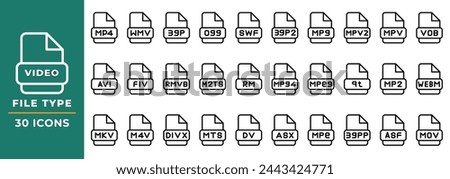 File format Video icons set in Outline style. collection of file extension symbols. Vector Illustration